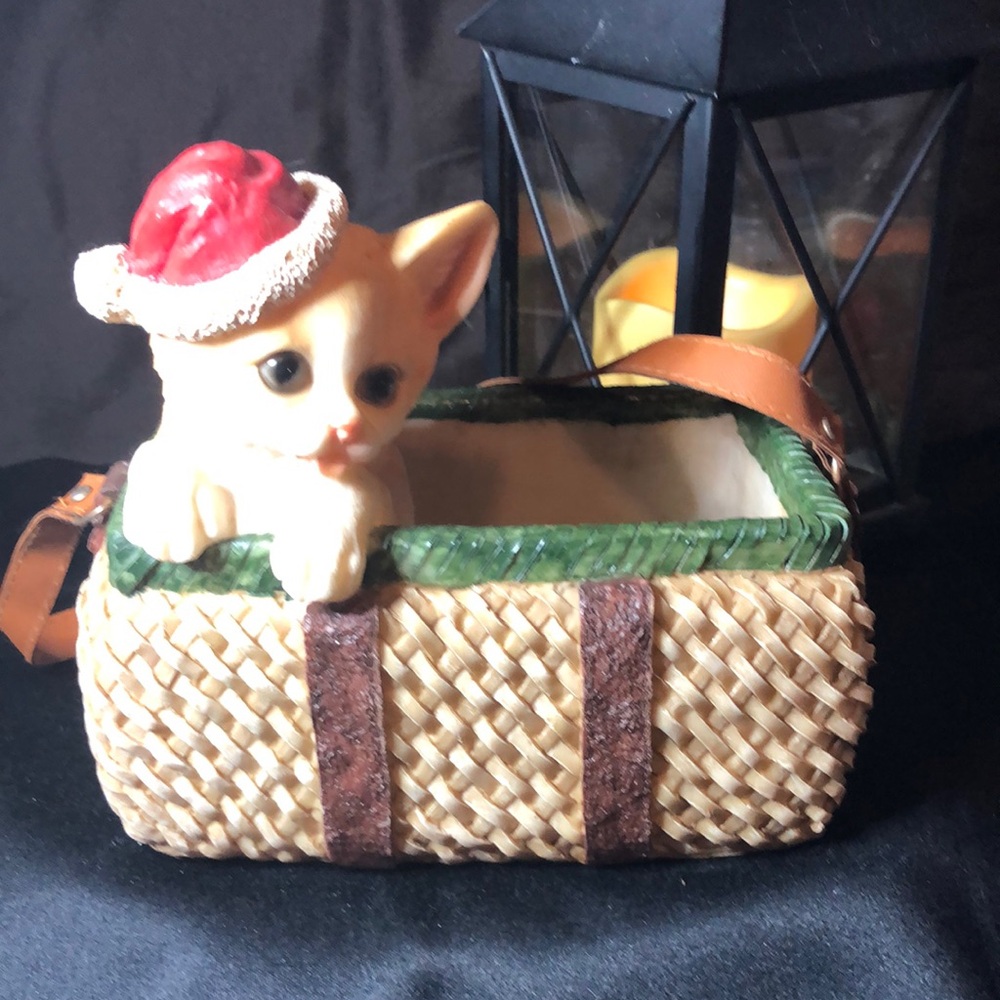 Charming Cat Figurine in Basket with Red Hat